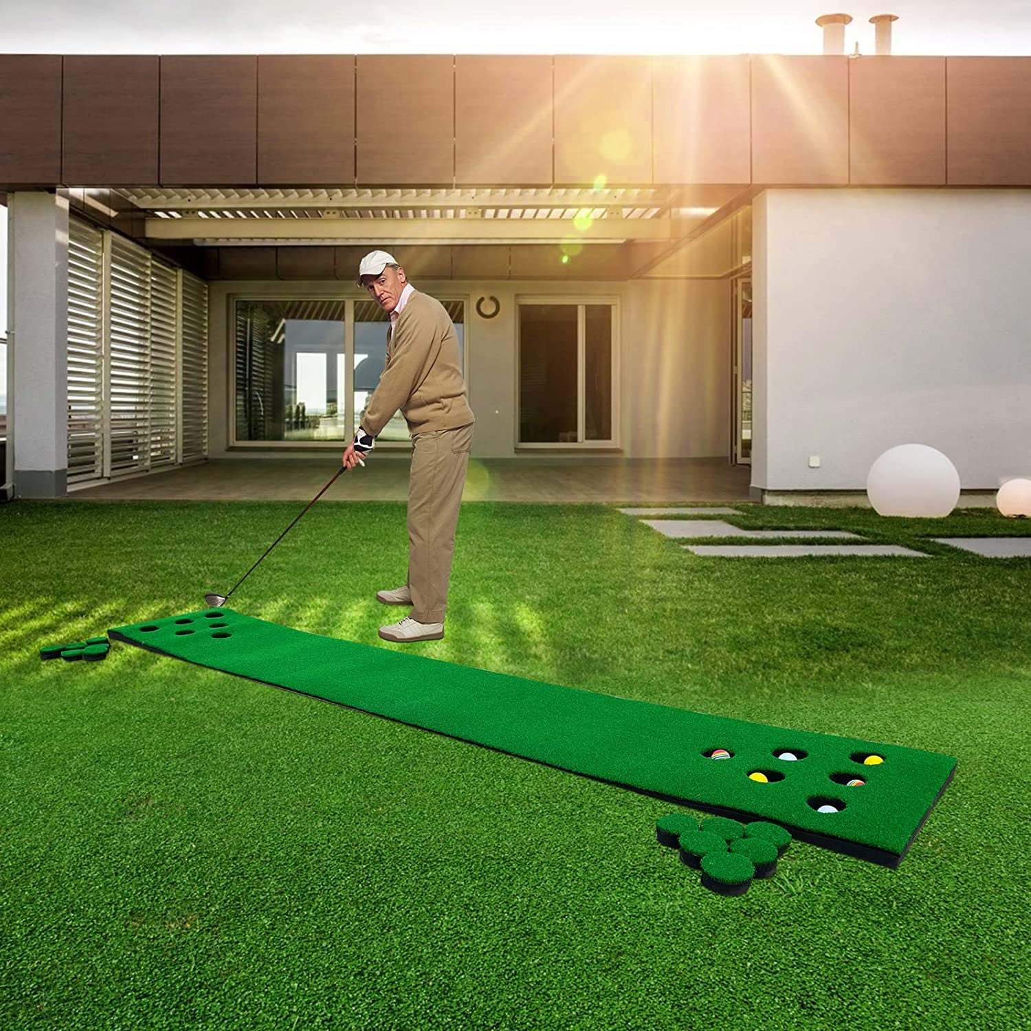 Golf Putting Mat Game Set, Golf Putting Green Mat, Golf Practice Training Aid, Foldable Golf Training Mat with 1 Putter, 6 Golf Balls,12 Hole Covers, Golf Gifts, 9.84Ft X 1.64Ft (Artificial Grass)