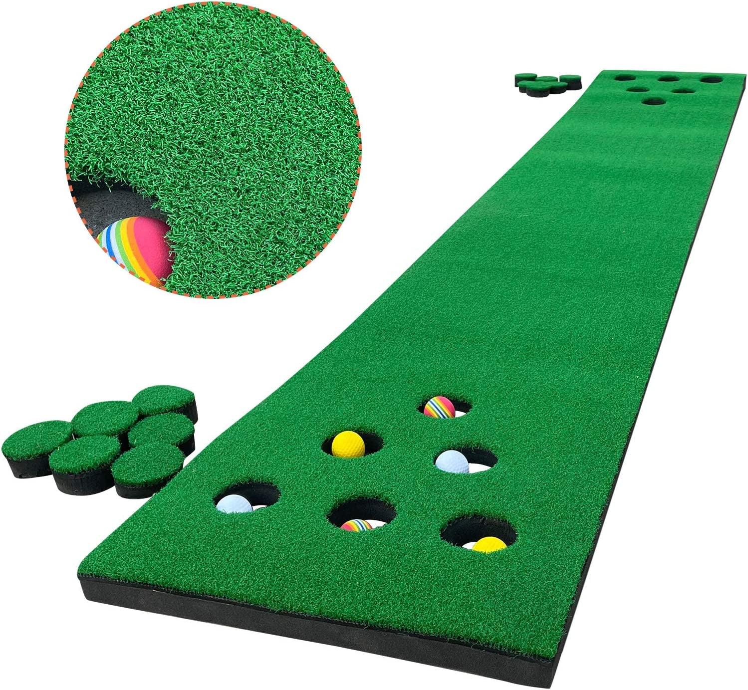 Golf Putting Mat Game Set, Golf Putting Green Mat, Golf Practice Training Aid, Foldable Golf Training Mat with 1 Putter, 6 Golf Balls,12 Hole Covers, Golf Gifts, 9.84Ft X 1.64Ft (Artificial Grass)