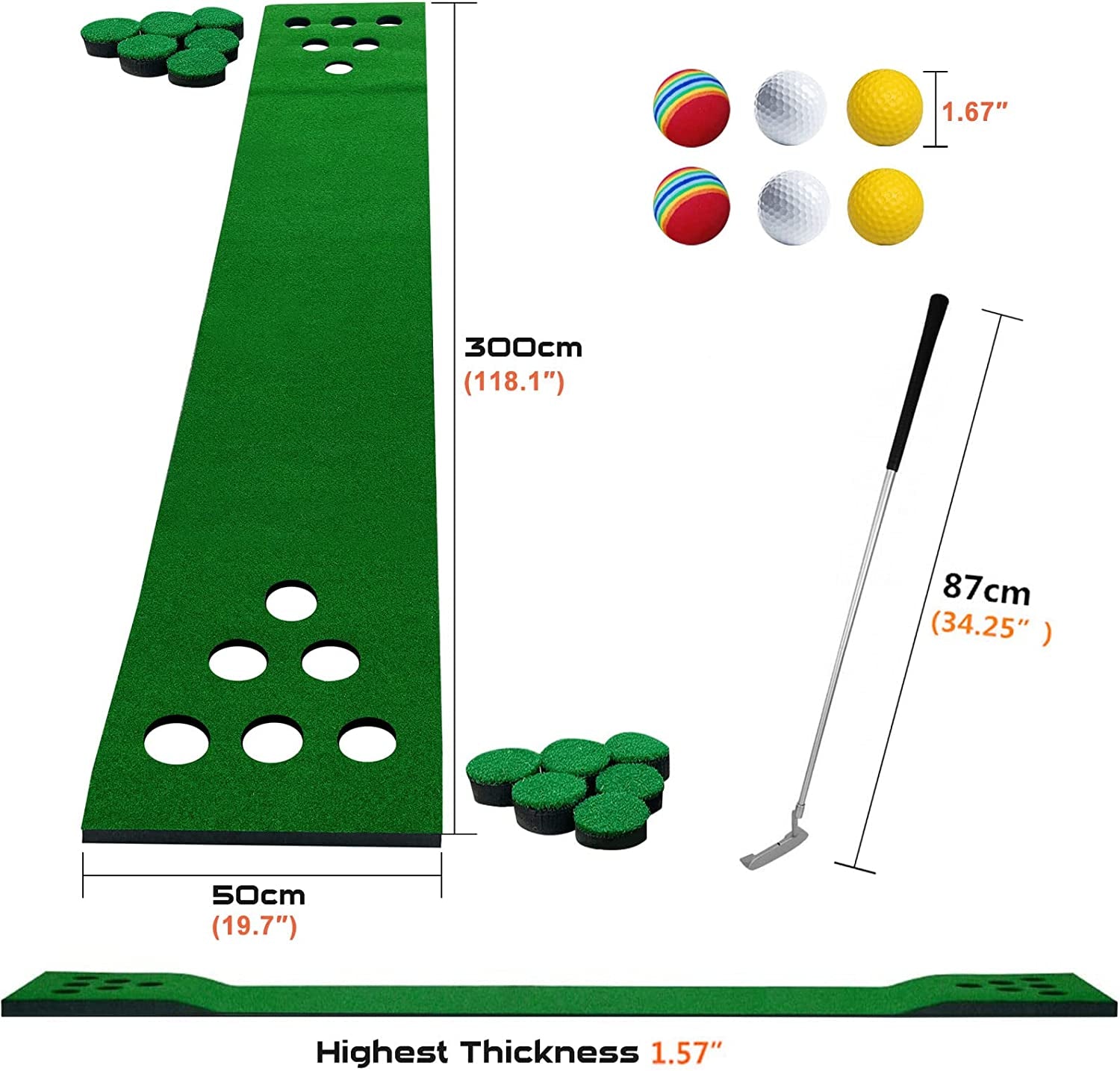 Golf Putting Mat Game Set, Golf Putting Green Mat, Golf Practice Training Aid, Foldable Golf Training Mat with 1 Putter, 6 Golf Balls,12 Hole Covers, Golf Gifts, 9.84Ft X 1.64Ft (Artificial Grass)