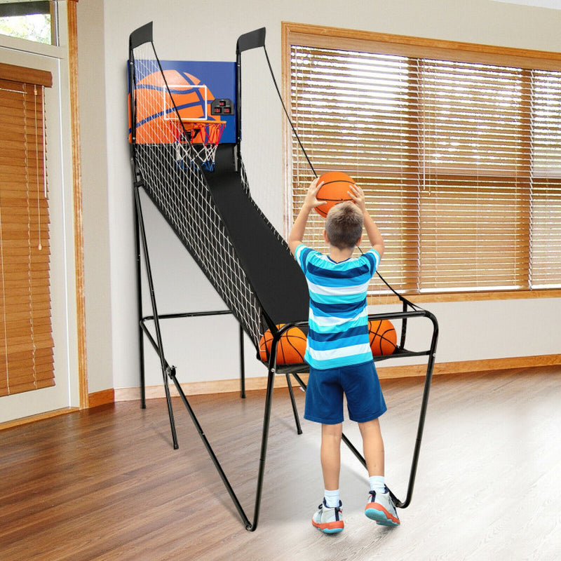 Foldable Single Shot Basketball Arcade Game with Electronic Scorer and Basketballs