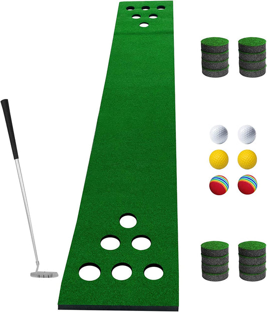 Golf Putting Mat Game Set, Golf Putting Green Mat, Golf Practice Training Aid, Foldable Golf Training Mat with 1 Putter, 6 Golf Balls,12 Hole Covers, Golf Gifts, 9.84Ft X 1.64Ft (Artificial Grass)