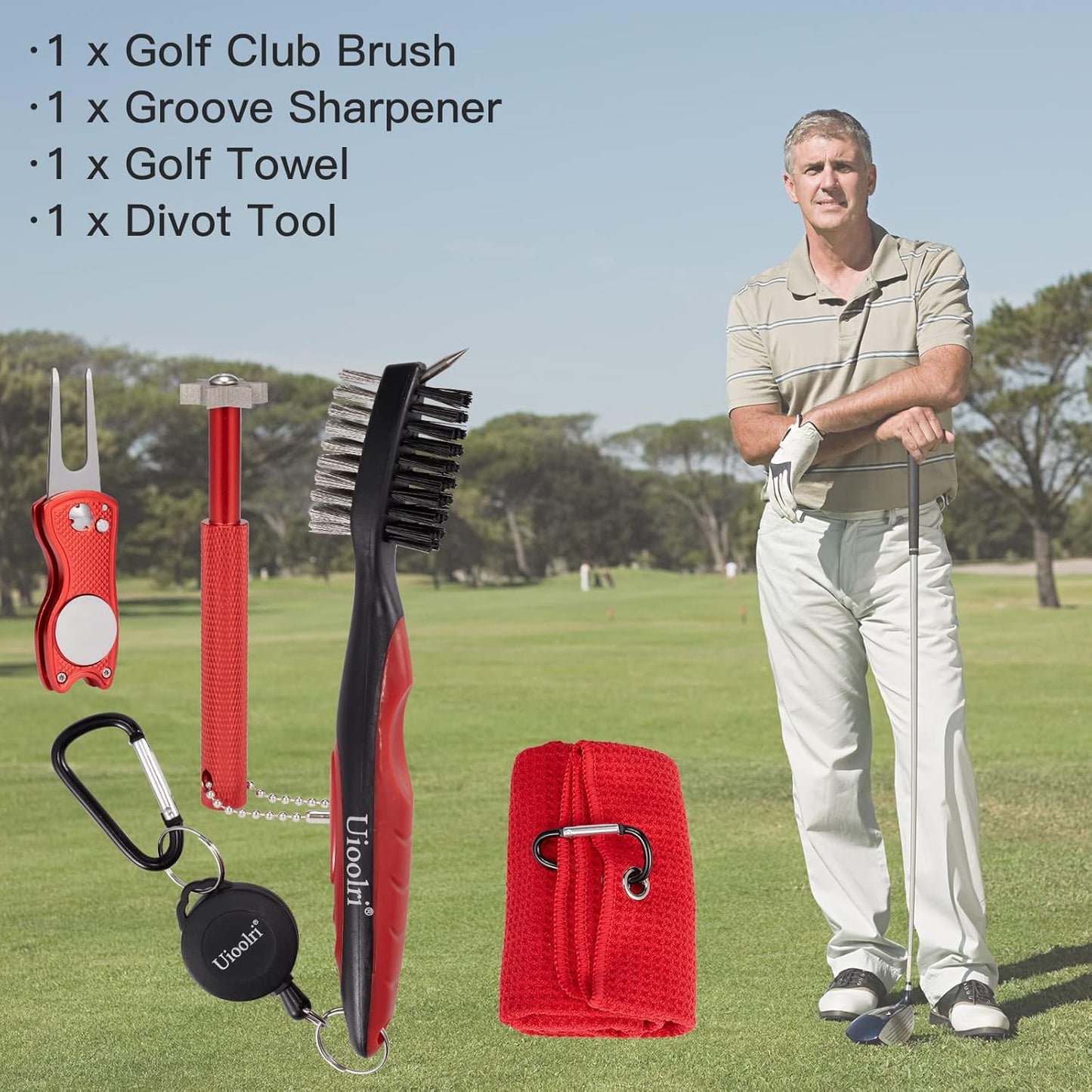 Golf Accessories for Men with Golf Towel Divot Repair Tool, Golf Club Brush & Golf Club Brush Groove Cleaning for Golf Gifts(Set a 4 Pieces in Drawstring Bag) (Red)